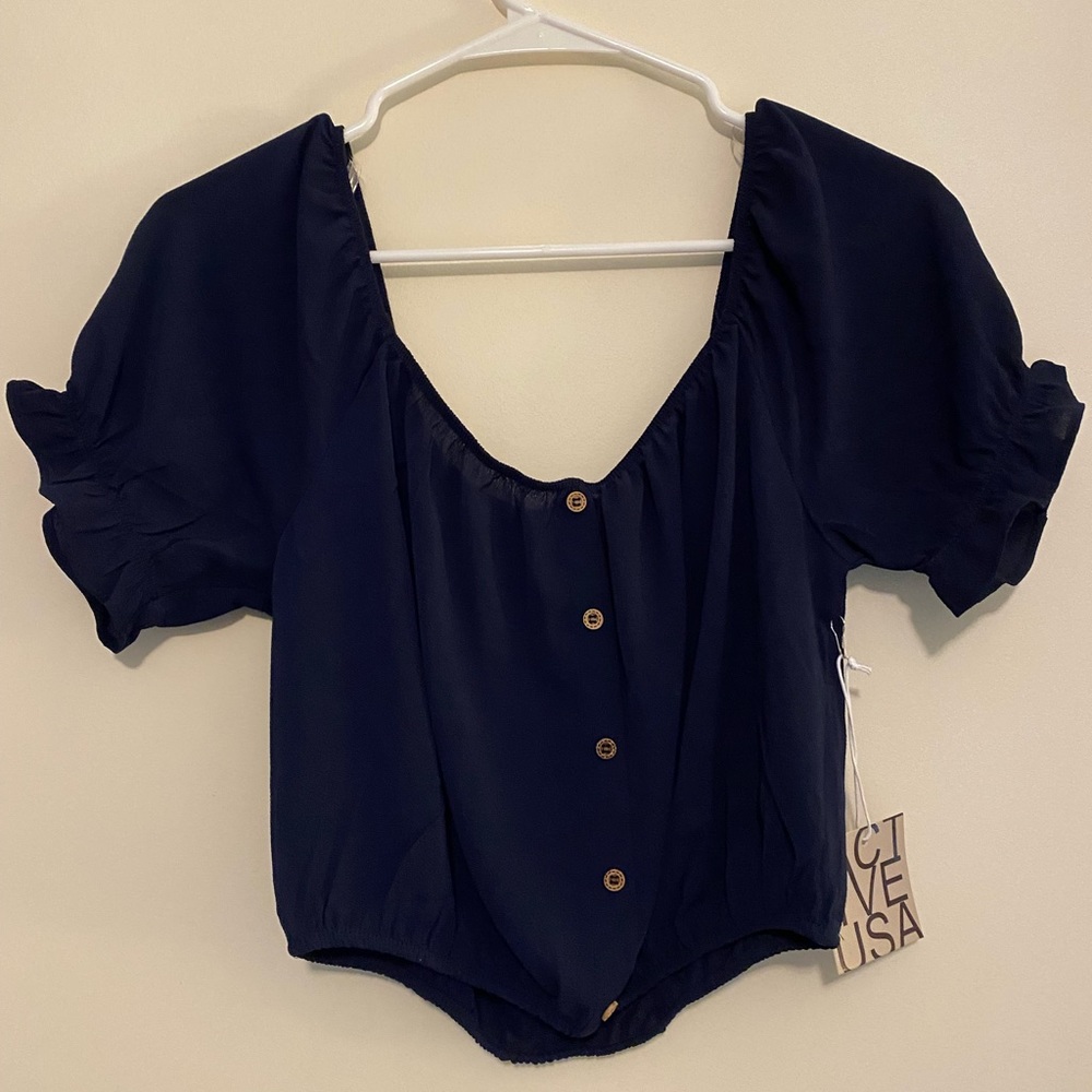 Women’s Medium Navy Blue Off The Shoulder Crop Top - Active USA